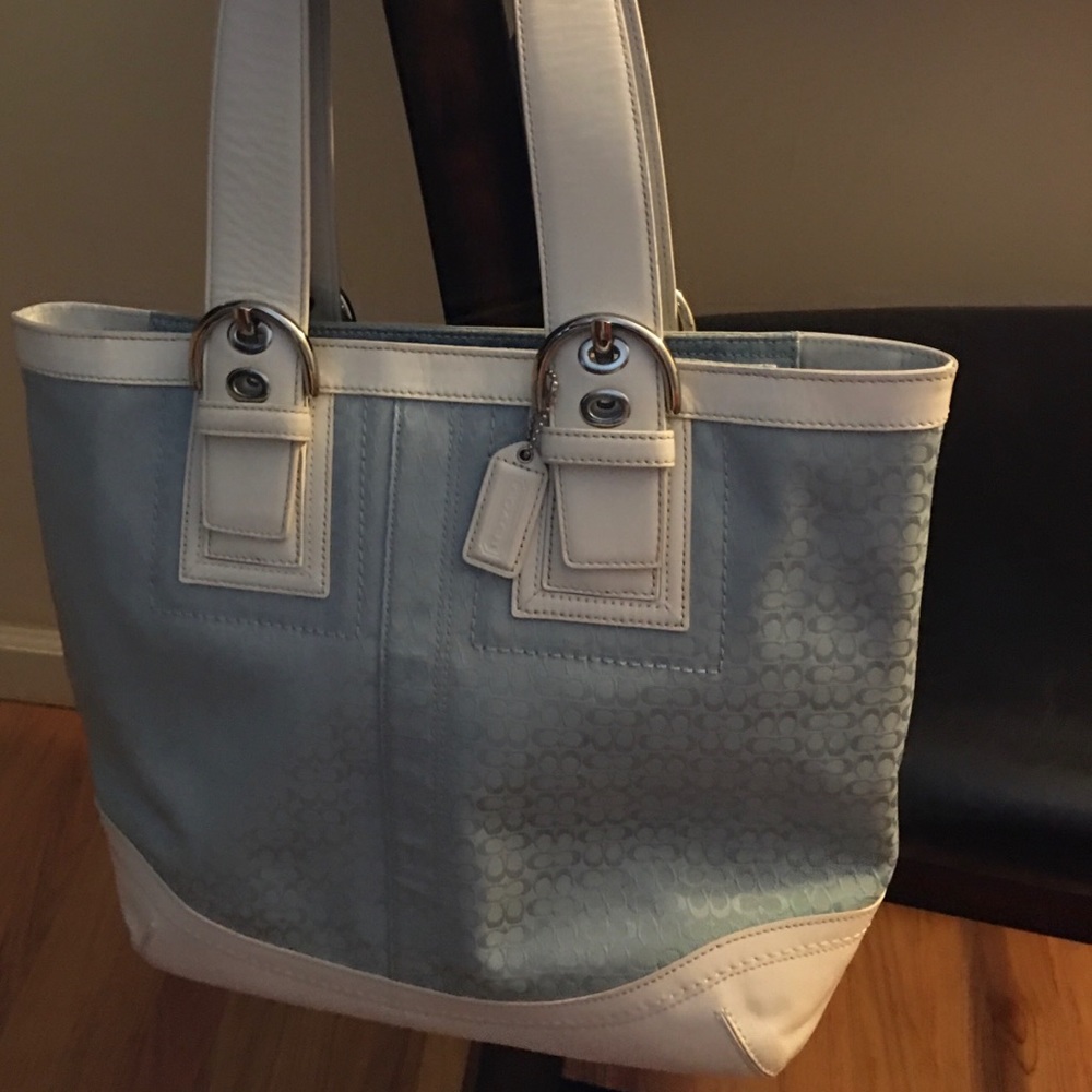 Coach Signature Blue Canvas White Leather handbag Y2K vintage